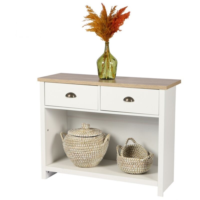foto del prodotto consolle con 1 ripiano e 2 cassetti di design coloniale 97x35xh76 cm, colore bianco e piano in rovere chiaro collezione madera