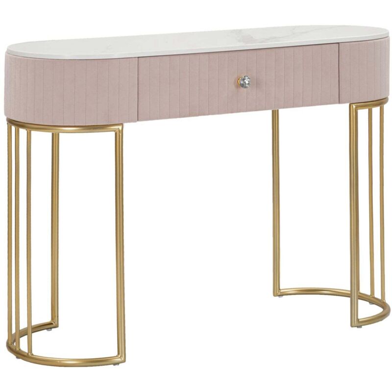 foto del prodotto consolle con cassetto rosa, metallo dorato, piano in similmarmo 100x40x75cm montpellier
