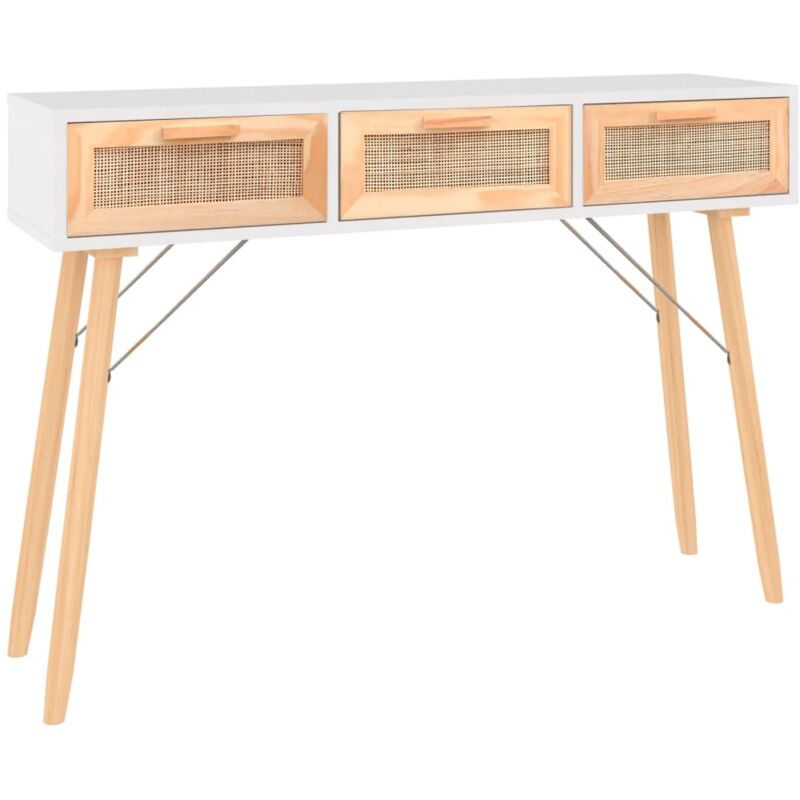 foto del prodotto consolle da ingresso moderna con cassetti 105 x 30 x 75 cm legno massello di pino rattan bianco naturale dec031685