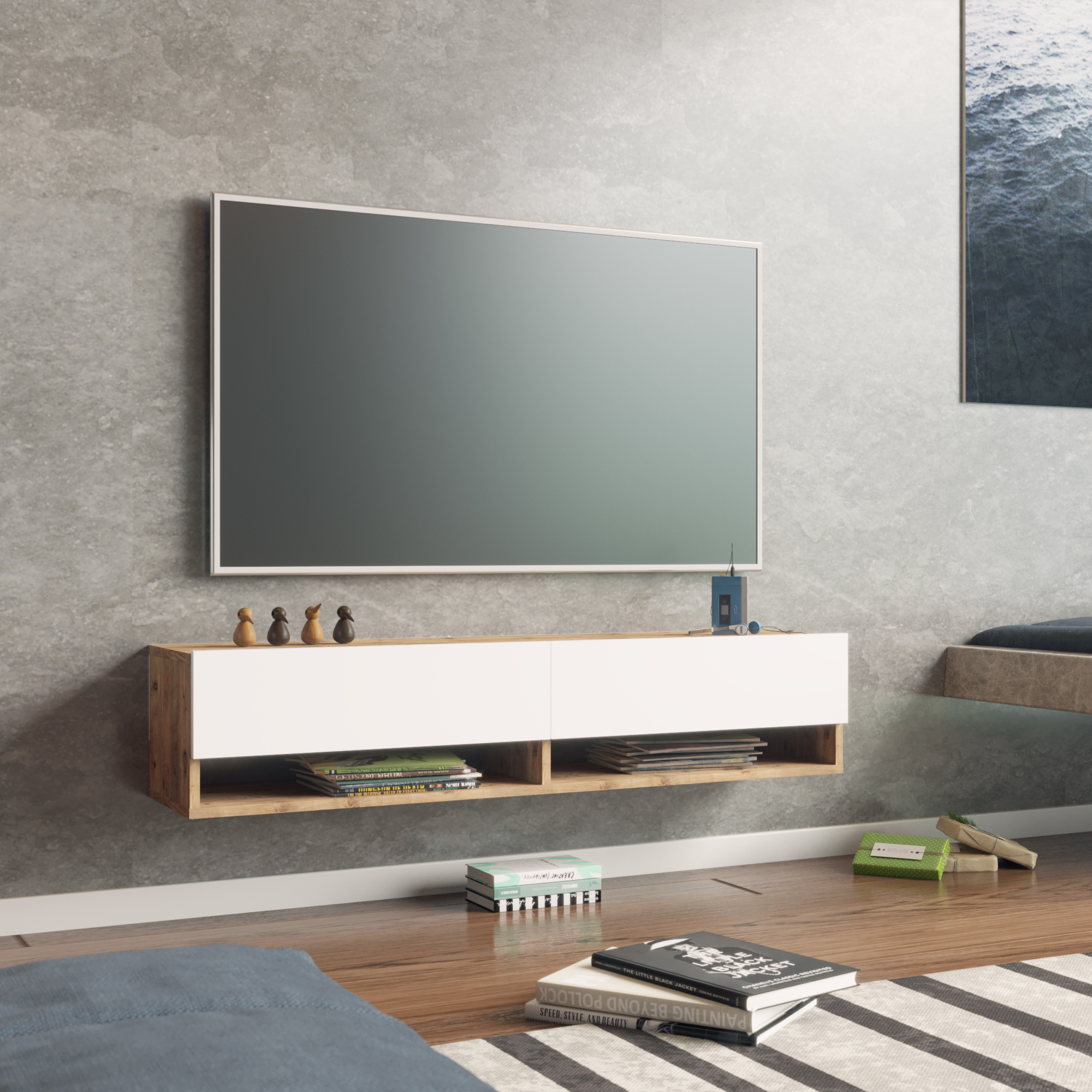 foto del prodotto consolle da parete 39 laitila 39 con 2 ante e scomparti mobile pensile porta tv 140 cm rovere rustico bianco en.casa 