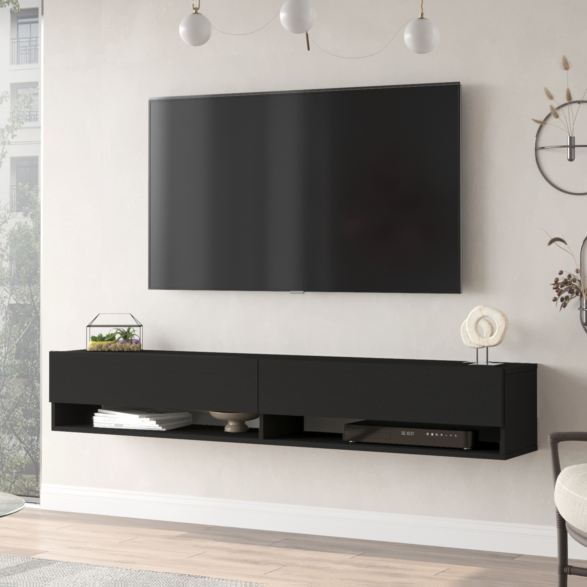 foto del prodotto consolle da parete 39 laitila 39 con 2 ante e scomparti mobile pensile porta tv 180 cm nero en.casa 