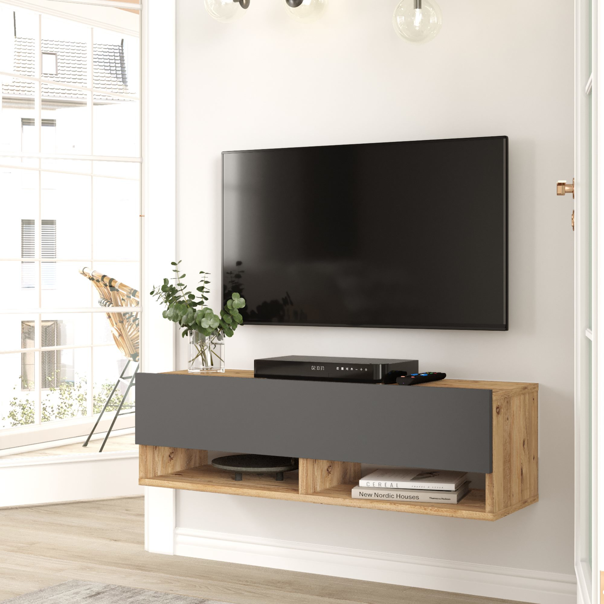 foto del prodotto consolle da parete 39 laitila 39 con anta e scomparti mobile pensile porta tv 100 cm rovere rustico antracite en.casa 