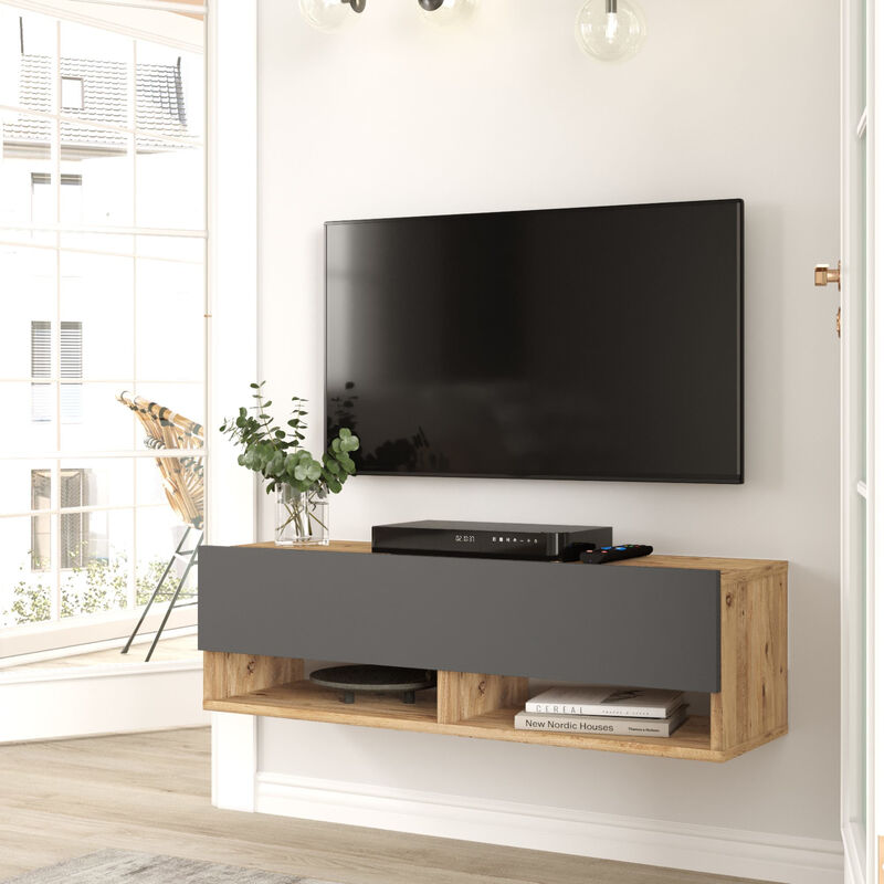 foto del prodotto consolle da parete laitila con anta e scomparti mobile pensile porta tv 100 cm rovere rustico antracite en.casa 