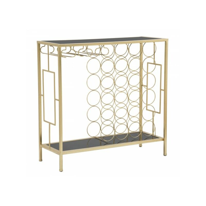 foto del prodotto consolle in metallo dorato con porta bottiglie, piano in vetro nero 76x30x75cm glam