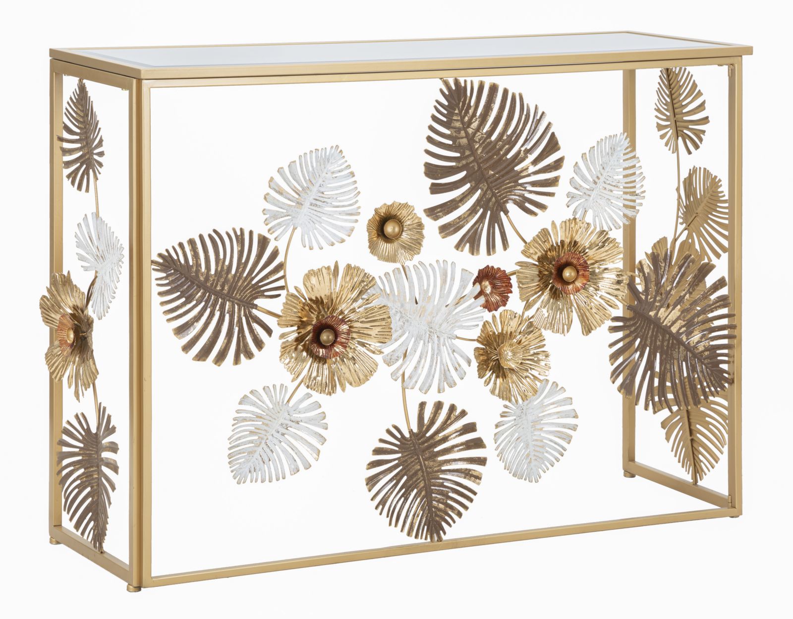 foto del prodotto consolle in metallo dorato, piano in vetro 113x40x80cm floris glam