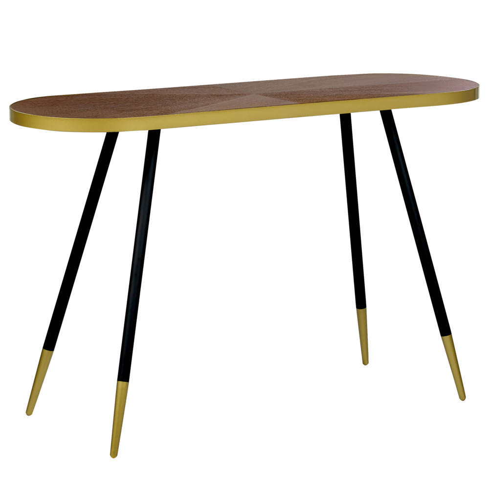 foto del prodotto consolle in stile moderno realizzata in mdf effetto legno scuro e oro stile moderno elegante