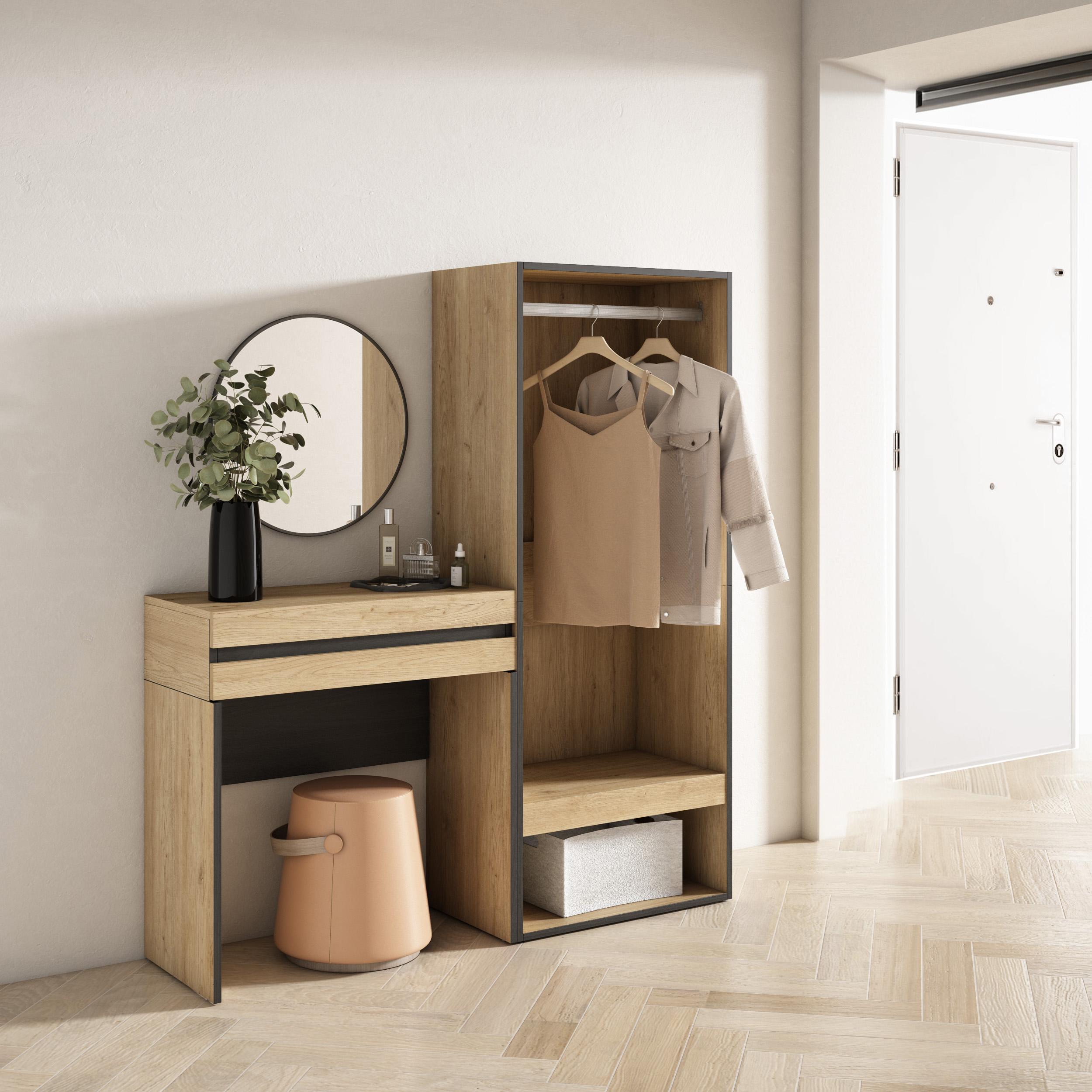 foto del prodotto consolle ingresso, 130x35x145cm, con cassetto, armadio aperto, colore rovere rf3447