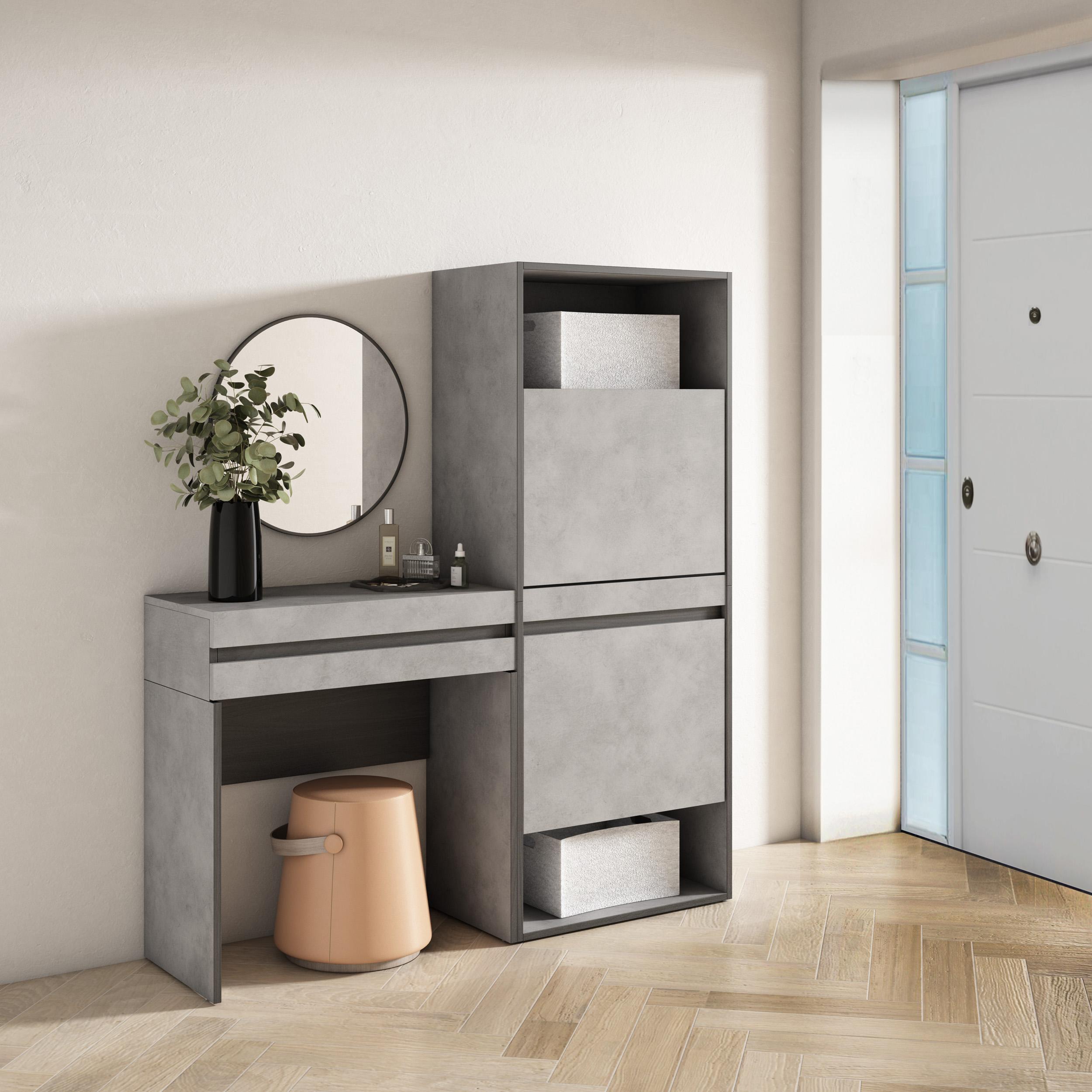 foto del prodotto consolle ingresso, 130x35x145cm, con cassetto, scarpiera, grigio cemento rf3444