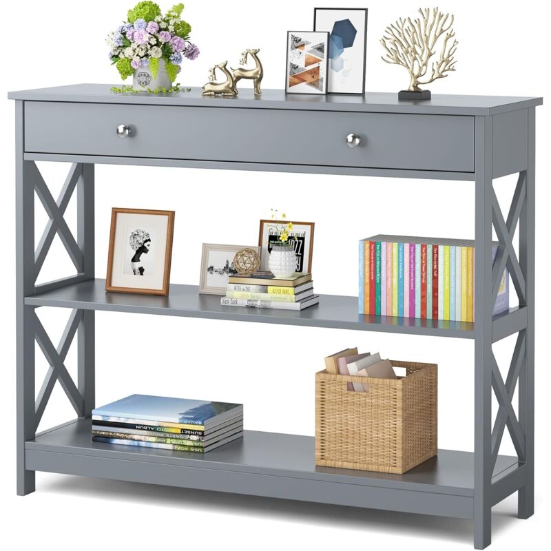 foto del prodotto consolle ingresso con cassetto e 2 ripiani portaoggetti, tavolo consolle moderno, per divano, soggiorno, camera da letto, 100 x 30 x 80 cm grigio 