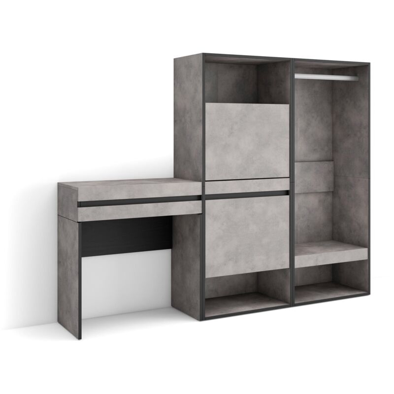 foto del prodotto consolle ingresso, mobile ingresso corridoio, 190x145x35 cm, con cassetto, scarpiera, armadio aperto, stile moderno, grigio cemento skraut home