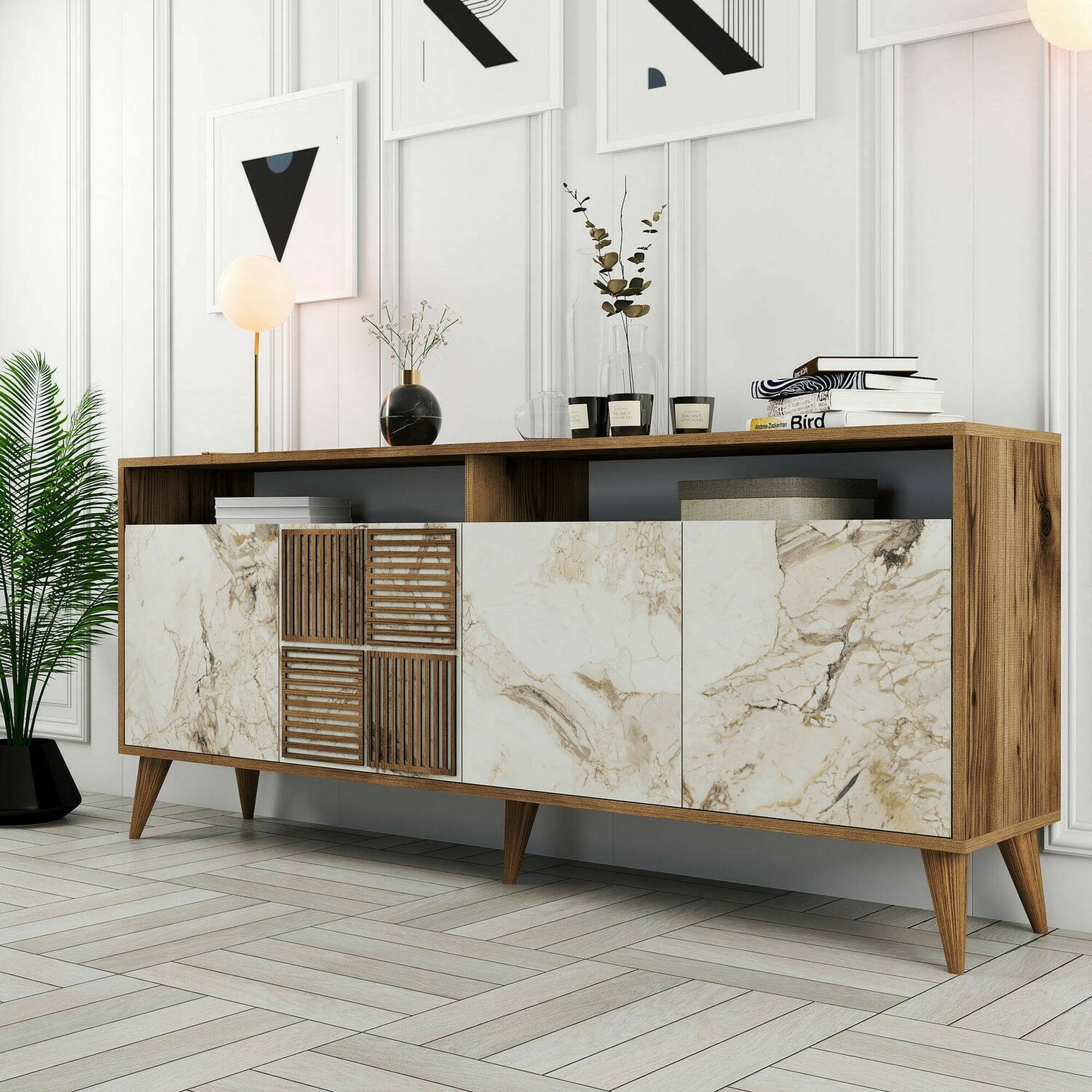 foto del prodotto consolle jole, credenza da soggiorno, armadio basso per tv, base parete attrezzata, 180x35 h79 cm, noce e bianco marmo