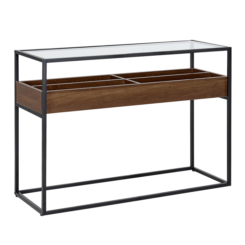 foto del prodotto consolle legno scuro con piano in vetro nero struttura in metallo funzione contenitiva rettangolare design moderno