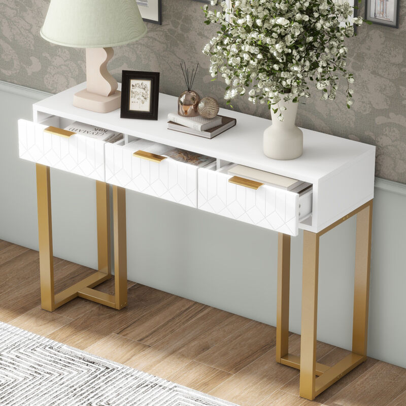 foto del prodotto consolle moderna con 3 cassetti, toletta, 120x36x80cm, bianco oro