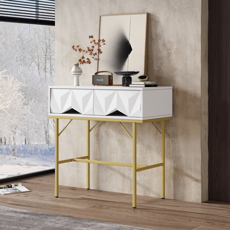 foto del prodotto consolle moderna ed elegante, cassetto geometrico tridimensionale, design cavo, ingresso, soggiorno (gambe bianche + dorate)