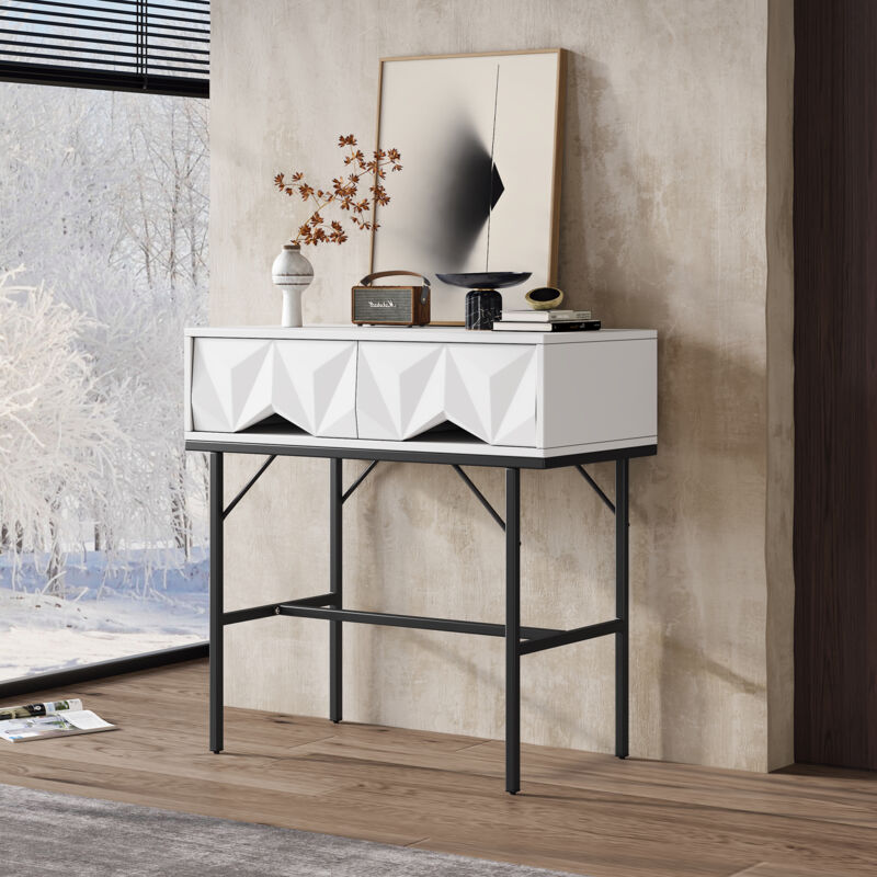 foto del prodotto consolle moderna ed elegante, cassetto geometrico tridimensionale, design cavo, ingresso, soggiorno gambe bianche nere 
