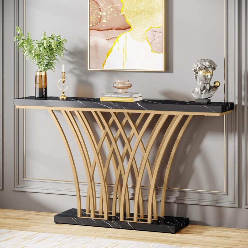foto del prodotto consolle oro, tavolo da ingresso moderno con base in metallo a forma di griglia per ingresso, corridoio, anticamera, soggiorno bianco oro, 150 x 29,5