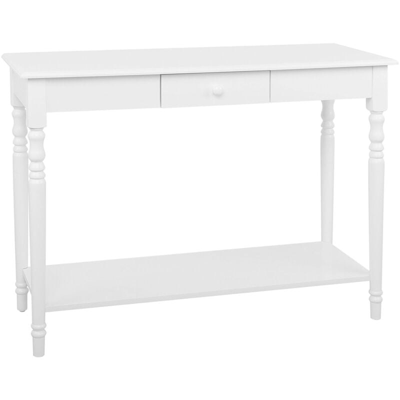 foto del prodotto consolle piano mdf bianco con gambe in legno di pino con un cassetto tobago