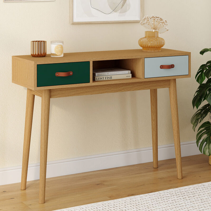 foto del prodotto consolle scandinavo a 2 cassetti legno e verde alize
