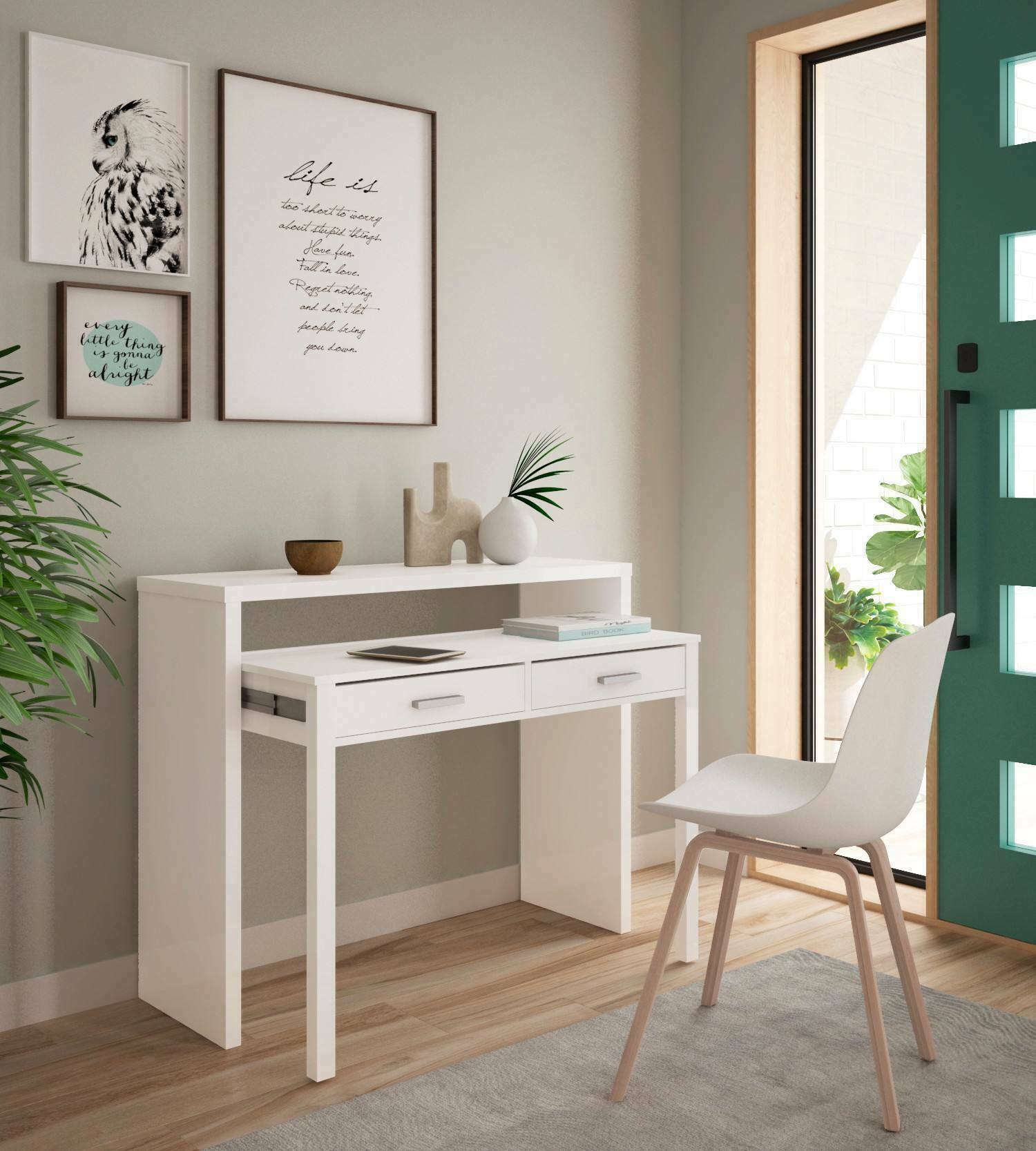 foto del prodotto consolle, scrivania con piano estensibile, scrittoio porta pc con 2 cassetti, cm 99x36h88, bianco