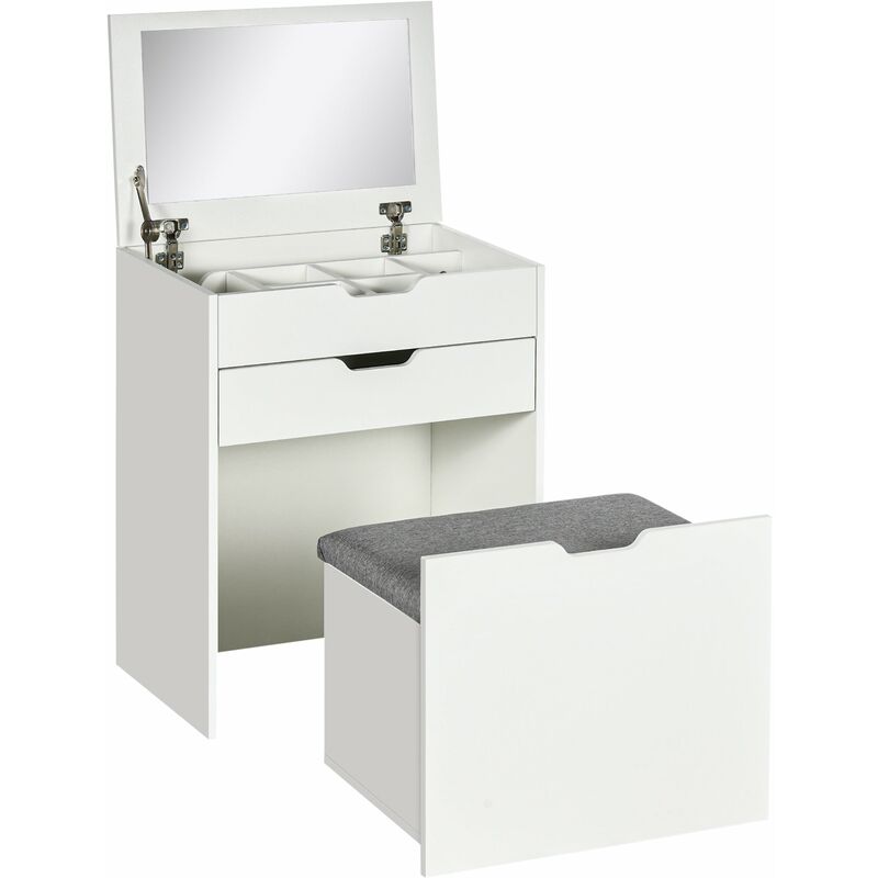 foto del prodotto consolle trucco 60x40x114 cm con specchio e sgabello in legno bianco