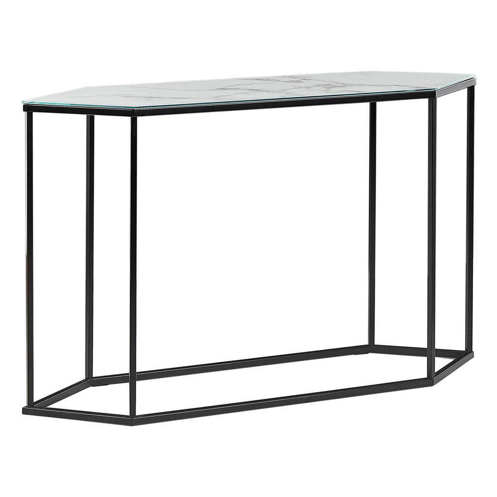 foto del prodotto consolle vetro temperato bianco e nero acciaio 120 x 35 cm effetto marmo gambe in metallo nero glamour soggiorno corridoio camera da letto