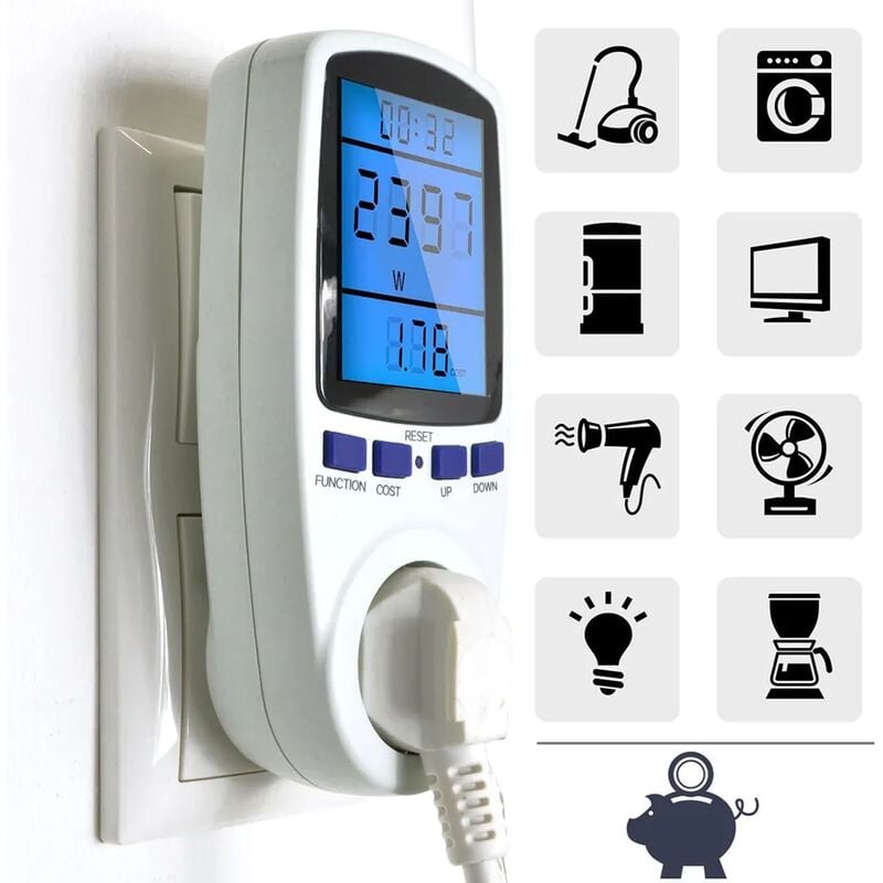 foto del prodotto contatore di energia, contatore di consumo a 7 modalità, contatore di energia, protezione da sovraccarico, display lcd retroilluminato, funzione di