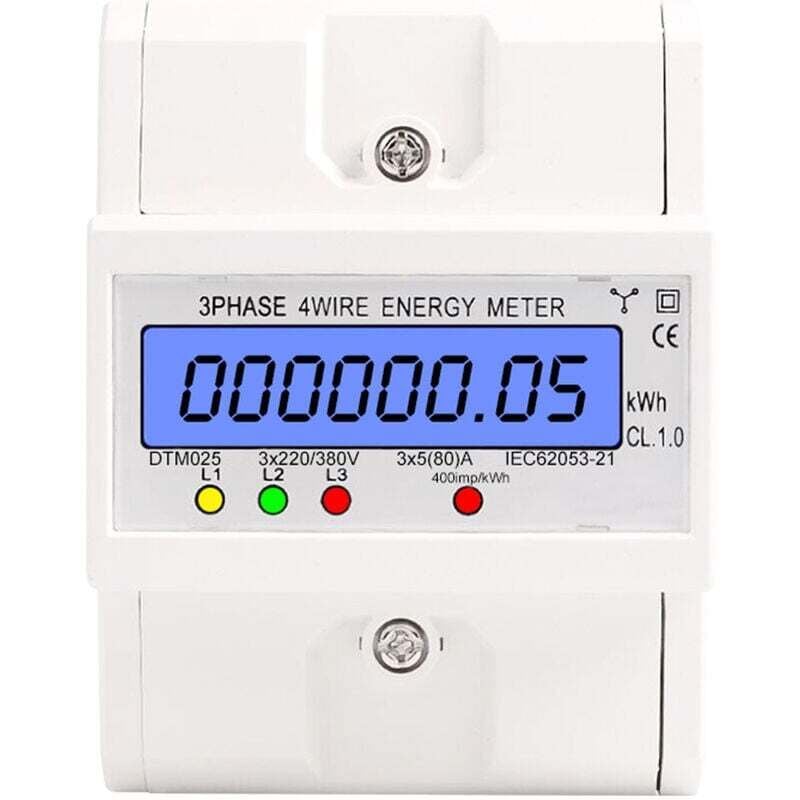 foto del prodotto contatore di energia elettrica digitale con montaggio su guida din, 220 380 v, 5 80 a, trifase, a 4 fili, con display lcd retroilluminato, consumo