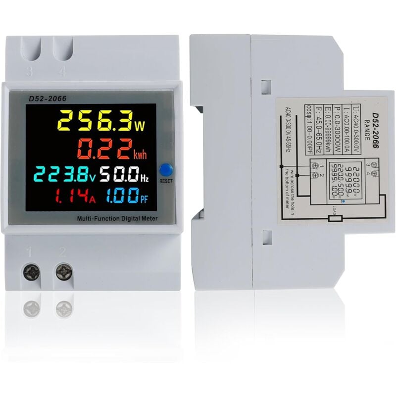 foto del prodotto contatore di energia monofase, ac 40 300v 100a contatore elettrico monofase wattmetro misuratore su guida din watt kwh voltmetro amperometro con