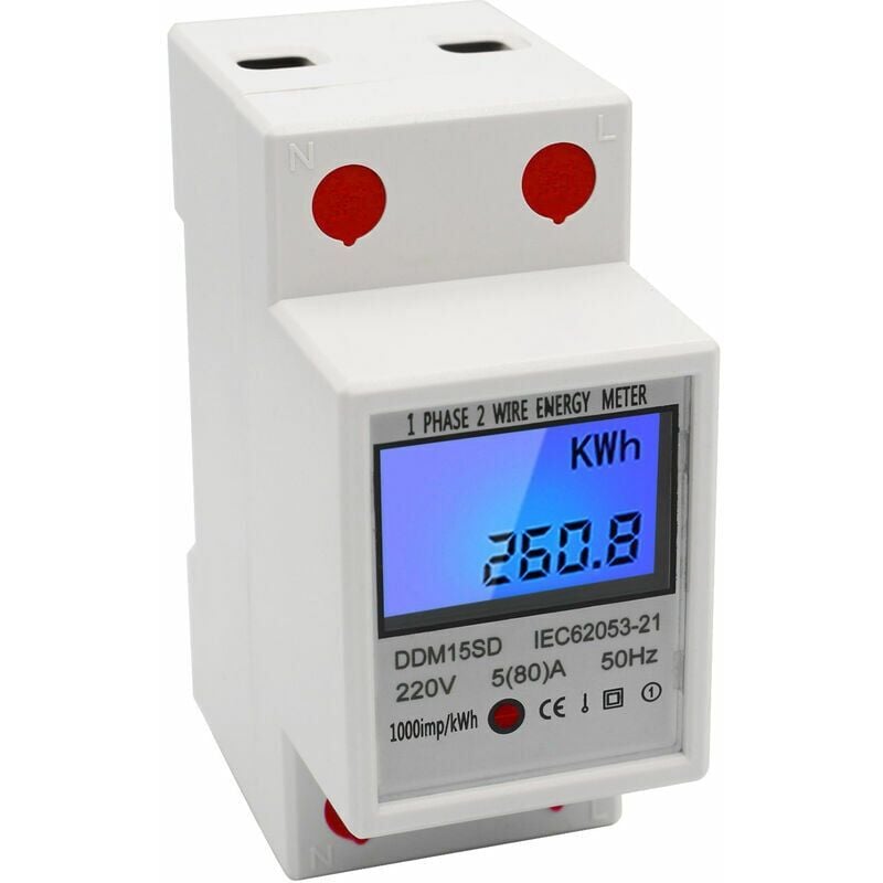 foto del prodotto contatore di energia monofase edf meter per guida din, 5 80 a, 220 v, 50 hz, kwh elettronico con display digitale lcd retroilluminato, ddm15sd,