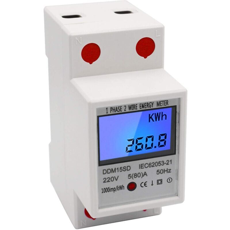 foto del prodotto contatore di energia monofase su guida din 5 80a 220v 50hz contatore kwh elettronico con display digitale retroilluminato lcd ddm15sd