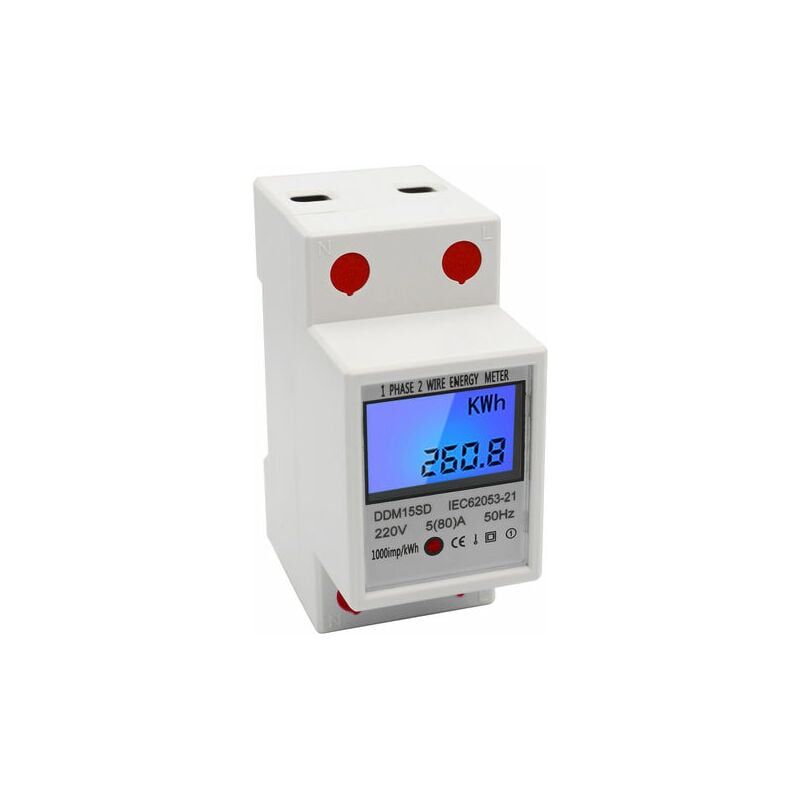foto del prodotto contatore di energia monofase su guida din 5 80a 220v 50hz contatore kwh elettronico con display digitale retroilluminato lcd ddm15sd