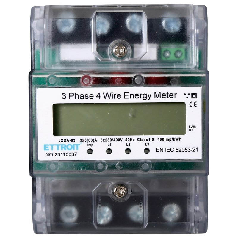 foto del prodotto contatore energia elettrica trifase 220v 380v 5 80a occupa 4 moduli guida din