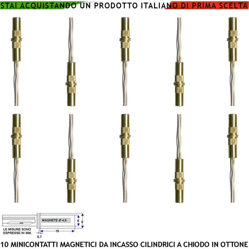 foto del prodotto contatti magnetici mini in ottone da incasso 10 pezzi antifurto finestre infissi contatto reed nc sottovuoto campo attrazione 10 mm tensione max 30 v