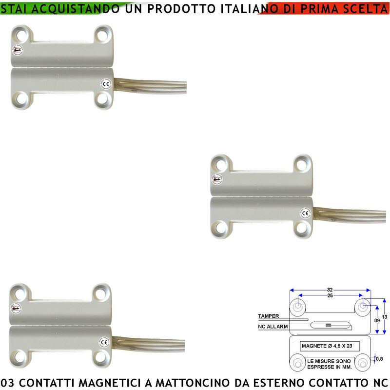 foto del prodotto contatto magnetico a mattoncino da esterno 3 pezzi per allarme porte infissi contatto reed nc sottovuoto sensibilit magnetica 13 mm tensione max 30