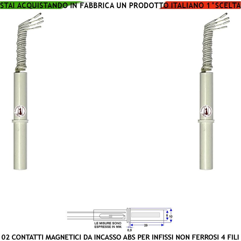 foto del prodotto contatto magnetico a scomparsa 2 sensori magnetici 8 mm reed uscita nc collegamento 4 fili tensione transito max 100 v 10 w carico resistivo
