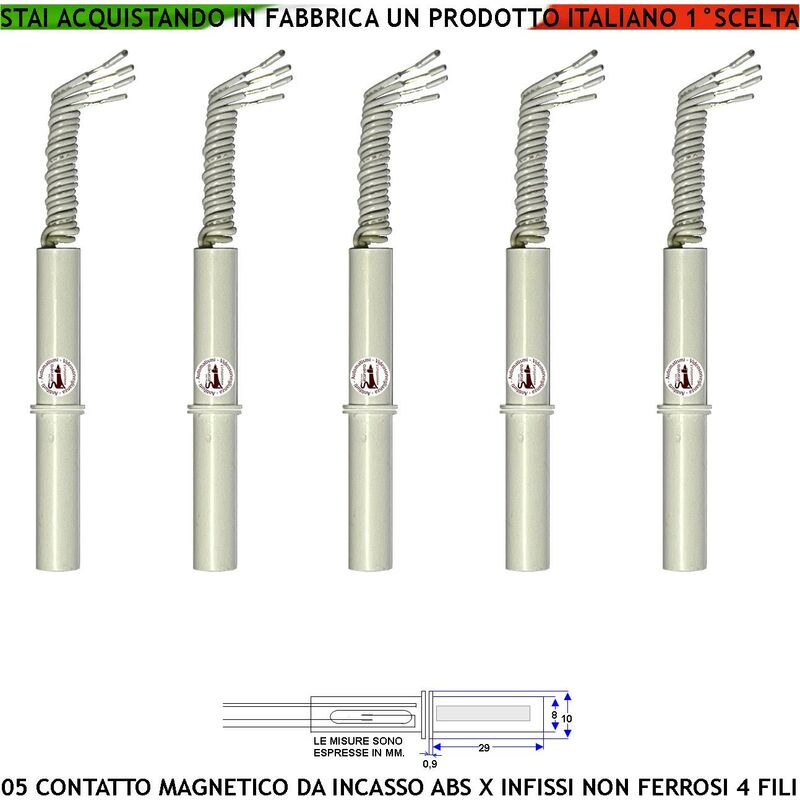 foto del prodotto contatto magnetico abs forma cilindrica da incasso 5 sensori magnetici 8 mm reed uscita nc collegamento 4 fili tensione transito max 100 v 10 w