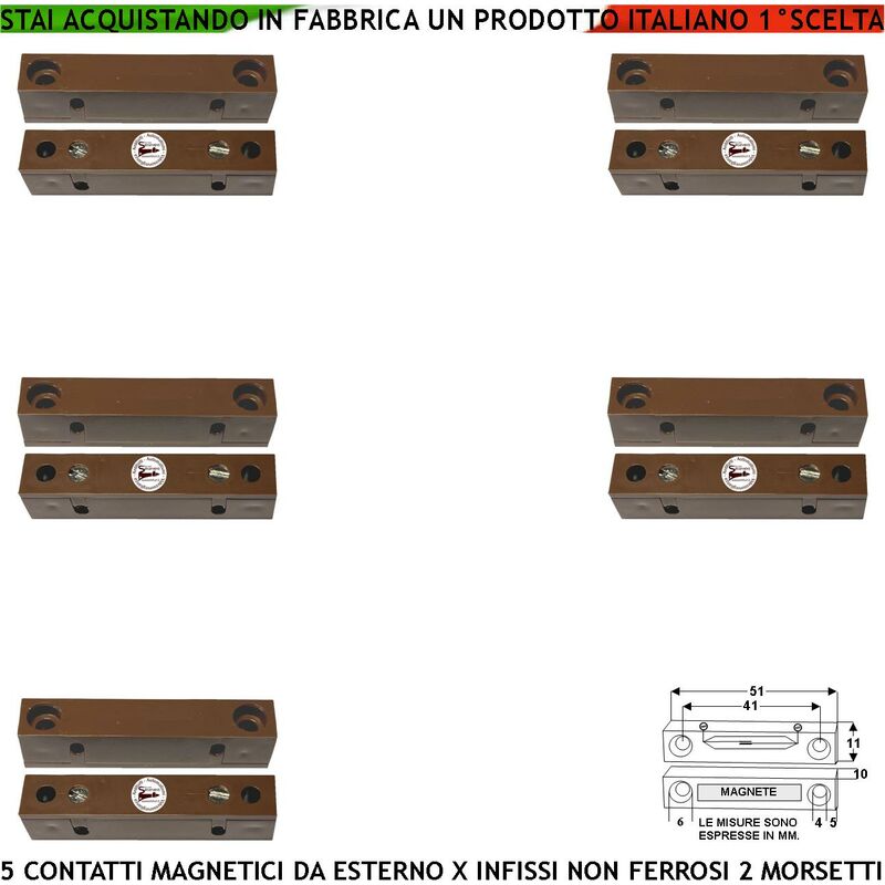 foto del prodotto contatto magnetico da esterno cinque pezzi sensore reed uscita antifurto morsetti nc sensibilit magnetica 13 mm tensione transito max 30 v 0,5 a