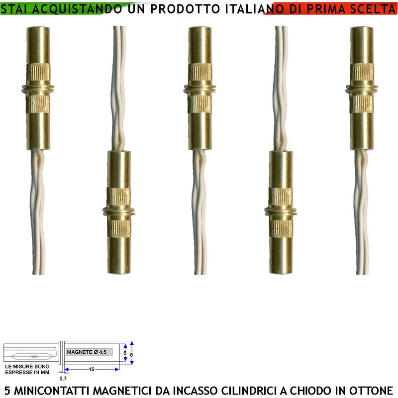 foto del prodotto contatto magnetico mini cilindrico in ottone 5 pezzi da incasso per allarme finestre infissi reed sottovuoto nc campo attrazione 10 mm tensione max