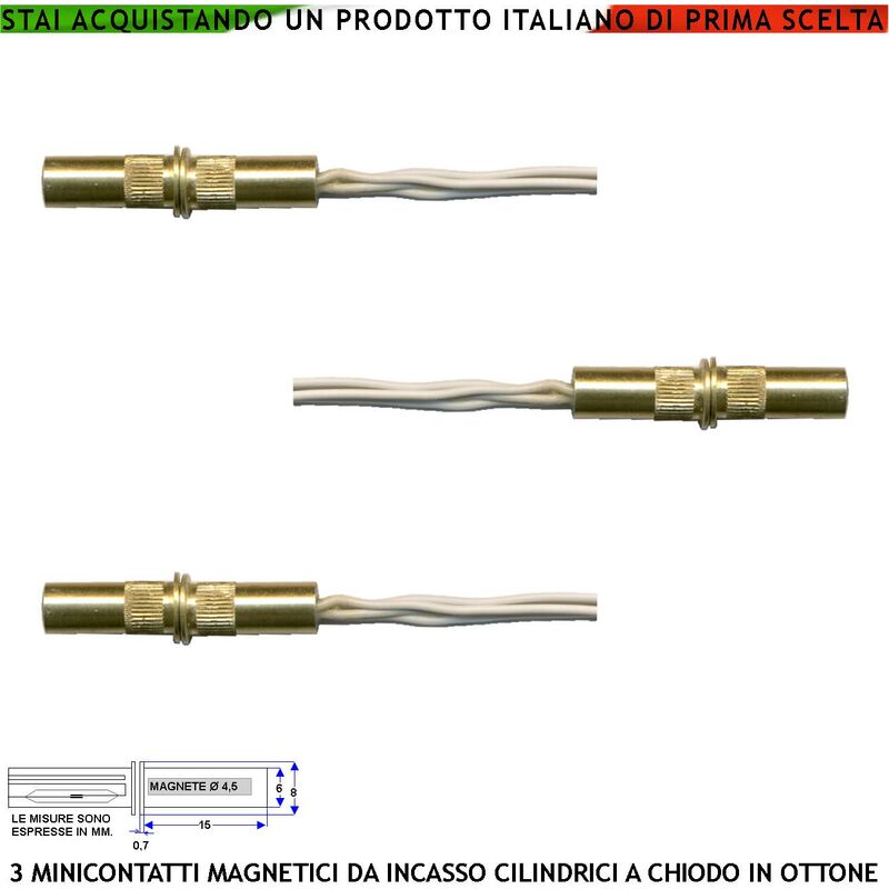 foto del prodotto contatto magnetico piccolo in ottone da incasso antifurto finestre infissi 3 pezzi reed nc sottovuoto campo attrazione 10 mm tensione max 30 v carico