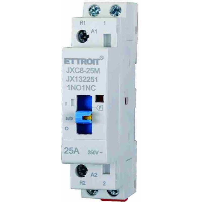 foto del prodotto contattore 230vac, 2p, 25a, 1 modulo, con interruttore di controllo manuale 1 no 1 nc - ettroit jx132251