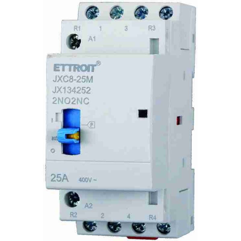 foto del prodotto contattore 230vac, 4p, 25a, 2 moduli, con interruttore di controllo manuale 2 no 2 nc ettroit jx134252