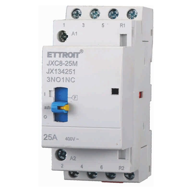 foto del prodotto contattore 230vac, 4p, 25a, 2 moduli, con interruttore di controllo manuale 3 no 1 nc - ettroit jx134251