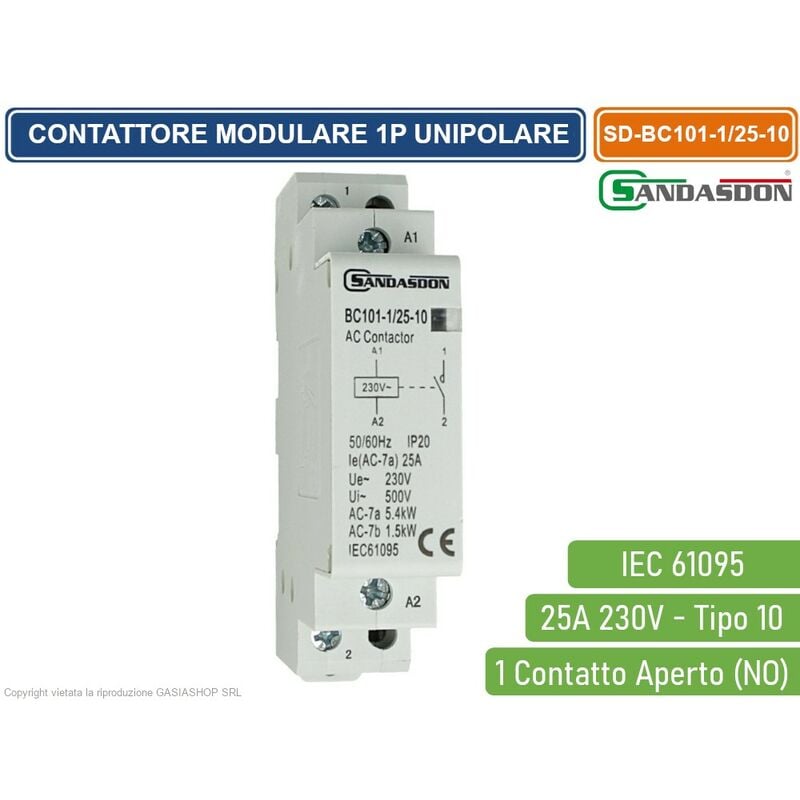 foto del prodotto contattore modulare su barra din 1p unipolare 25a 230v 1 contatto aperto no tipo 10 sandasdon