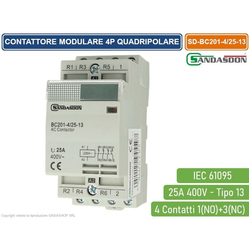 foto del prodotto contattore modulare su barra din 4p 25a 400v 1 contatto aperto no 3 contatti chiusi nc tipo 13 sandasdon