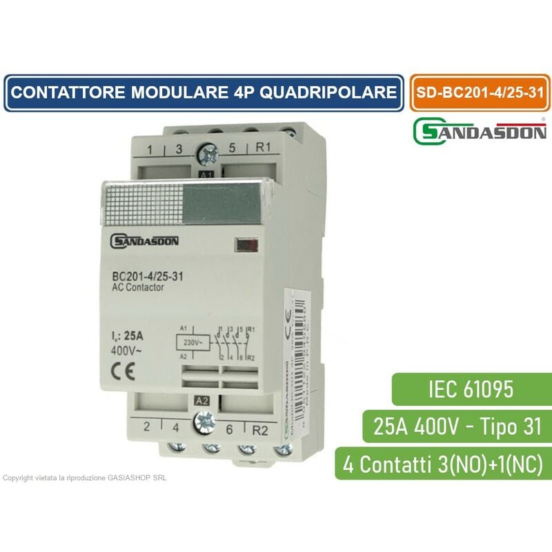foto del prodotto contattore modulare su barra din 4p 25a 400v 3 contatti aperti no 1 contatto chiuso nc tipo 31 sandasdon