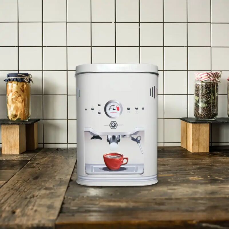 foto del prodotto contenitore barattolo vintage per caffe in metallo design macchinetta espresso