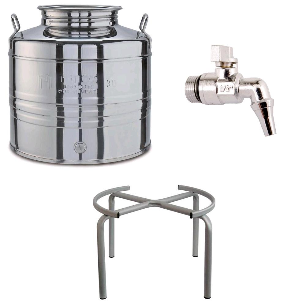 foto del prodotto contenitore bidone fusto in acciaio inox per olio 15 litri con rubinetto e supporto portafusto