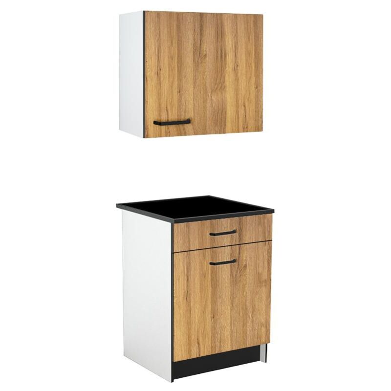 foto del prodotto contenitore da cucina 1 mobile basso e 1 mobile alto 2 ante e 1 cassetto naturale e nero trattoria