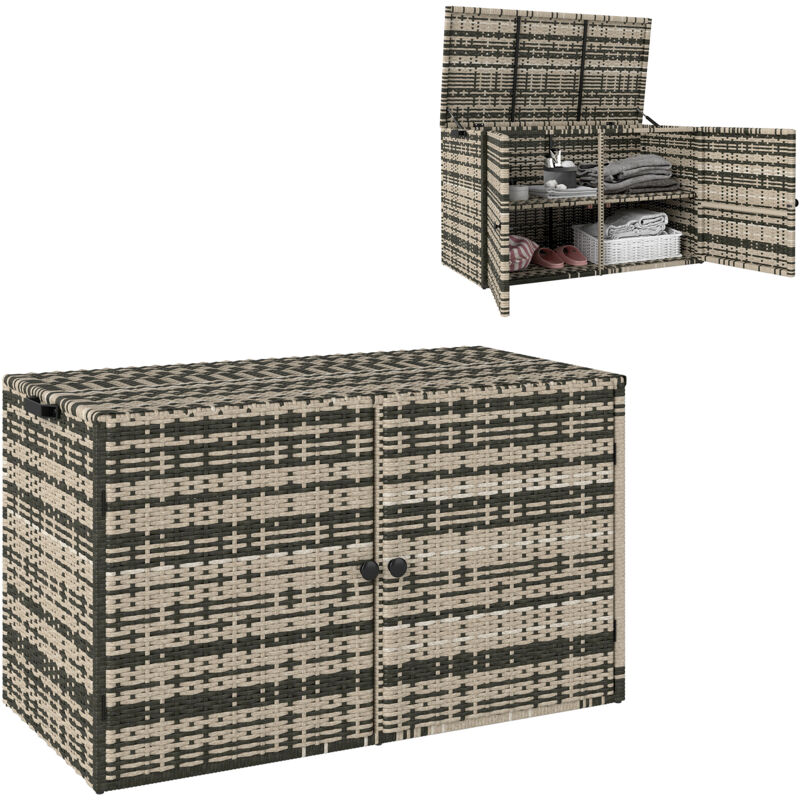 foto del prodotto contenitore da esterno 350l a 2 livelli in rattan pe 118x57x69cm grigio outsunny