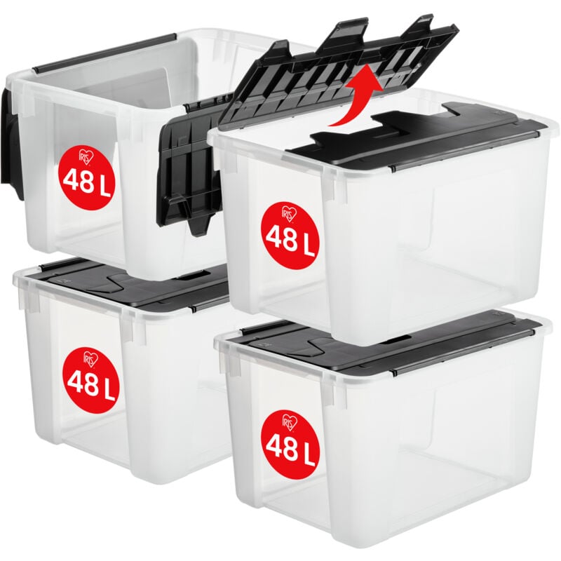foto del prodotto contenitore di plastica con coperchio ad ala, 48l, lotto di 4, trasparente, senza bpa con maniglie, impilabile e nidificante, organizzazione solida,